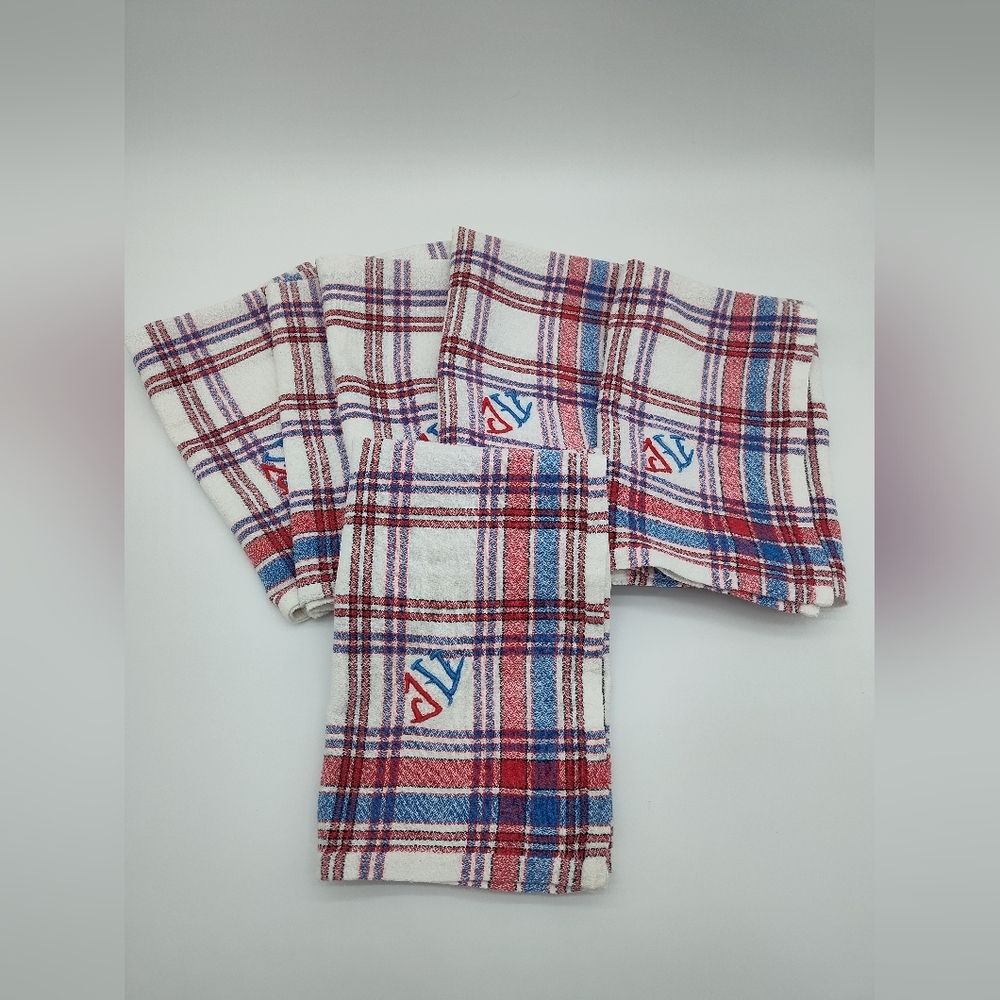 Vintage 1950s French Plaid Napkins Set 6 JV Monogram Red White Blue